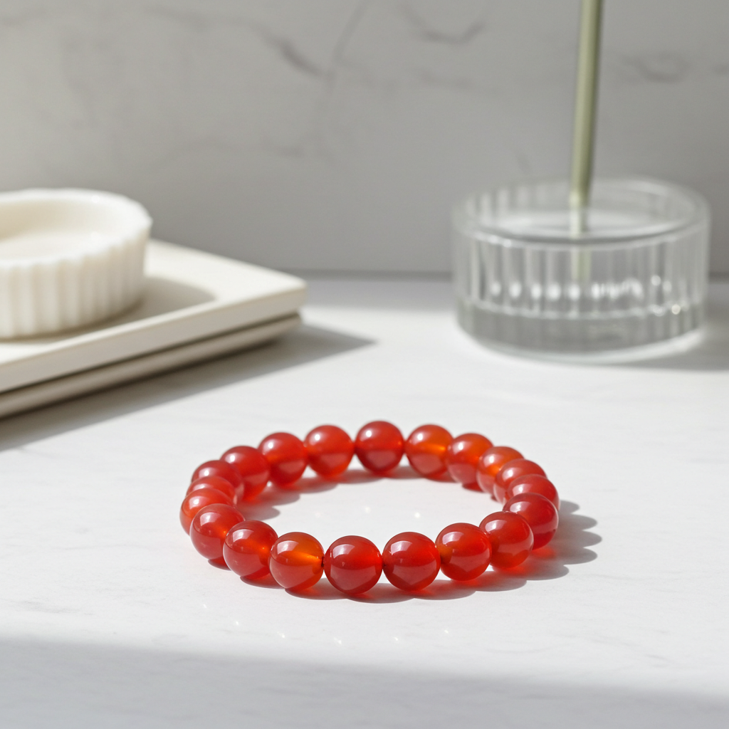 Red beaded bracelet on a white surface with a neutral background