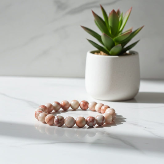 Beaded bracelet on a white surface with a potted plant in the background
