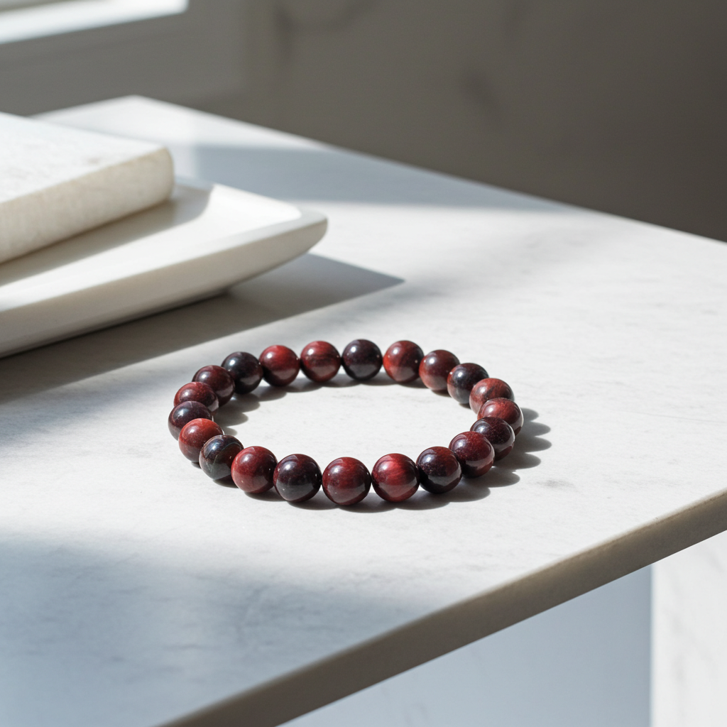 Red and black beaded bracelet on a light surface with a neutral background