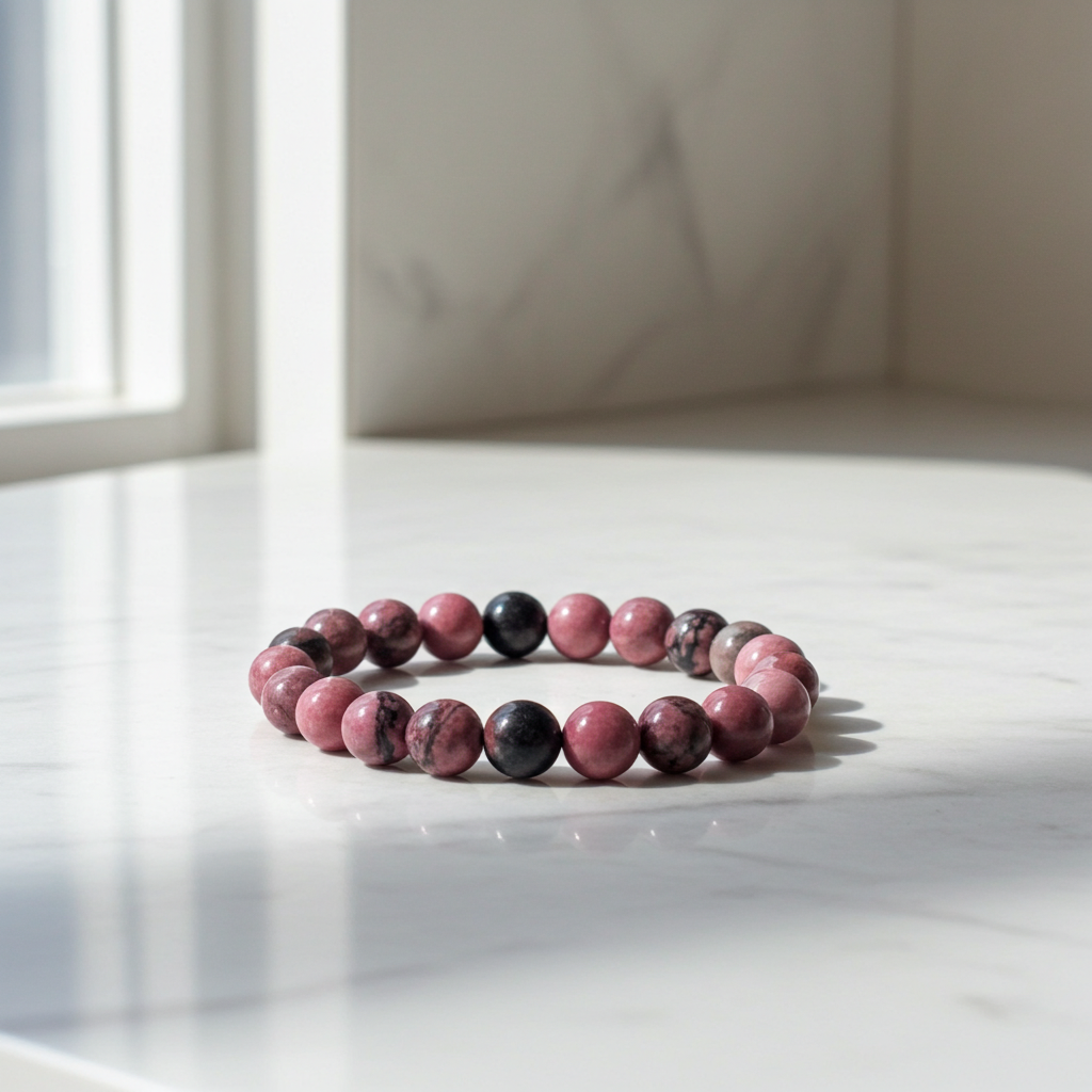 Beaded bracelet with pink and black beads on a white surface