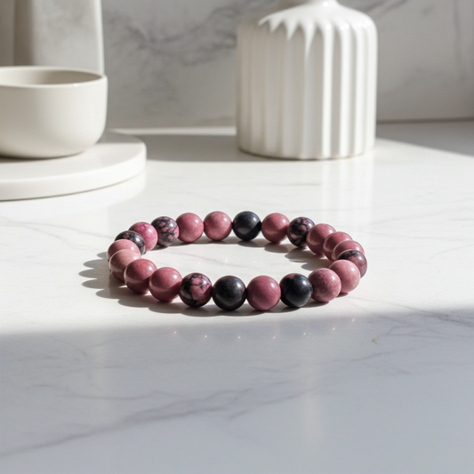 Beaded bracelet with pink and black beads on a marble surface