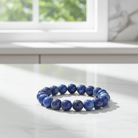 Blue beaded bracelet on a white surface with a window in the background
