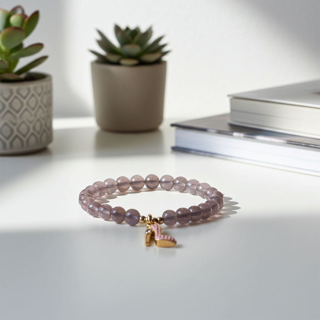 Beaded bracelet with a charm on a white surface with plants and books in the background