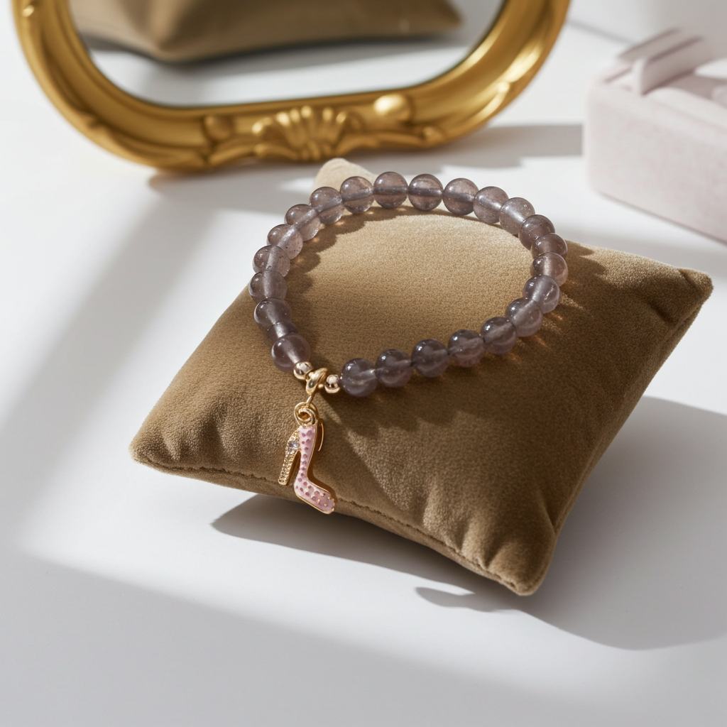 Bracelet with a pink shoe charm on a brown pillow with a gold frame in the background