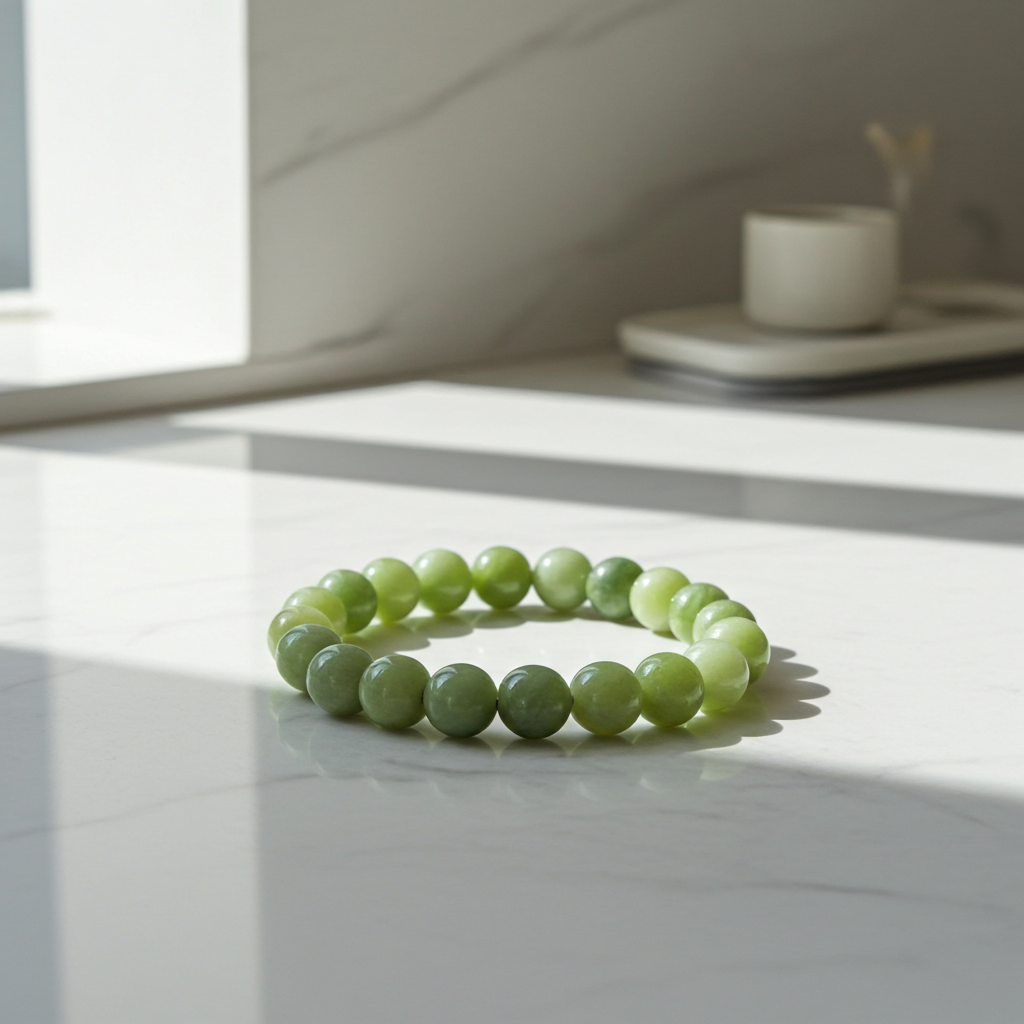 Green beaded bracelet on a white surface with a blurred background