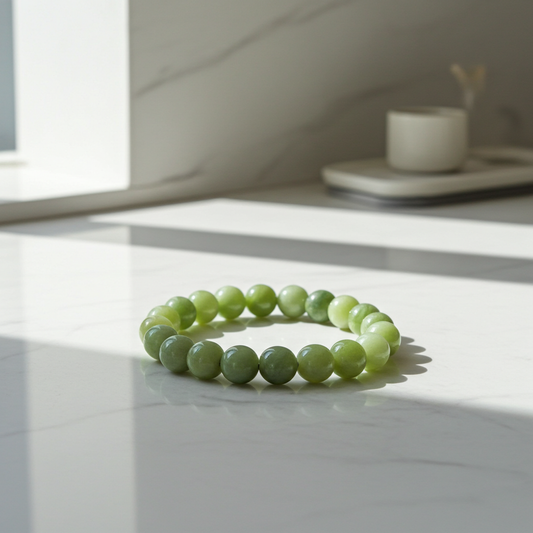 Green beaded bracelet on a white surface with a blurred background