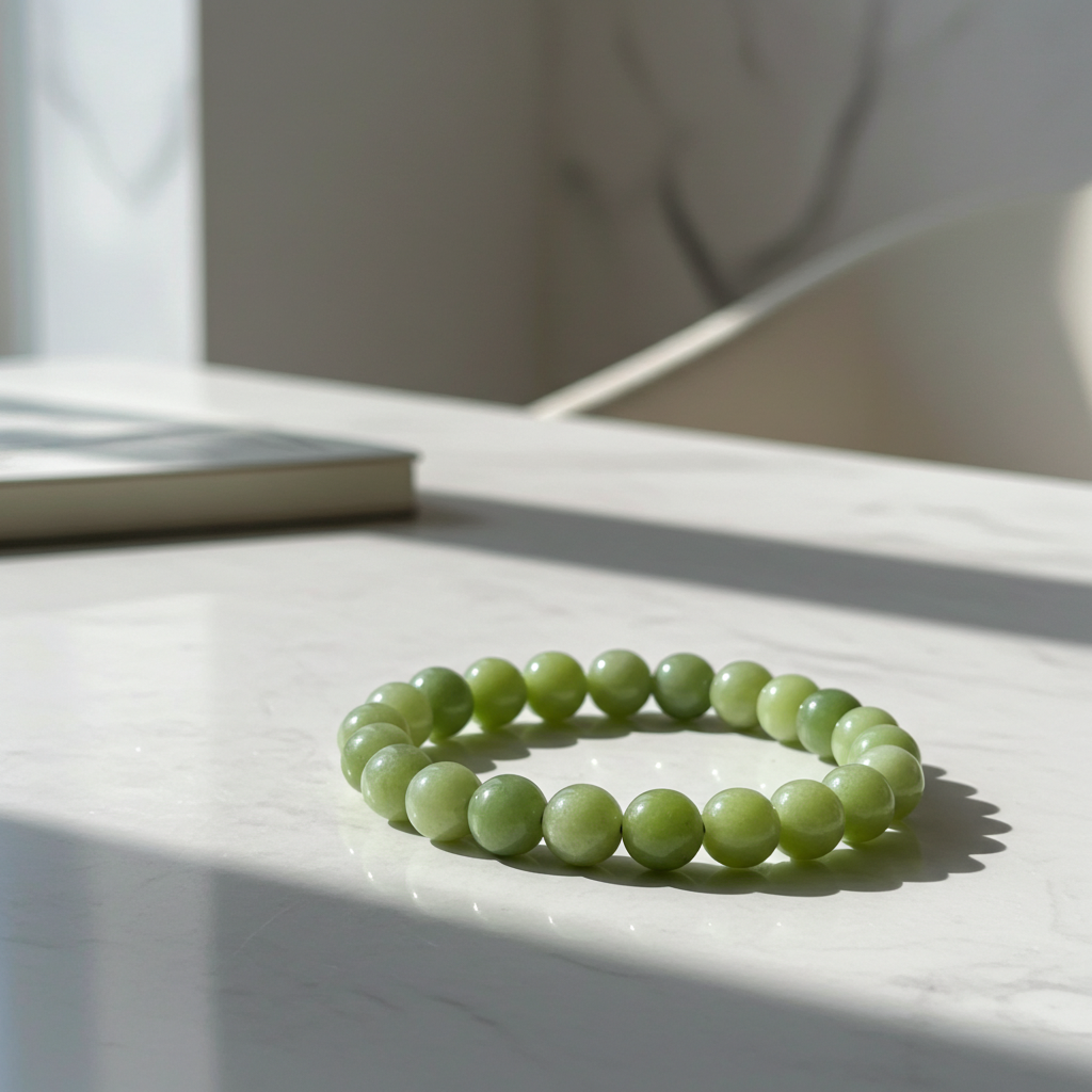 Green beaded bracelet on a light surface with a blurred background