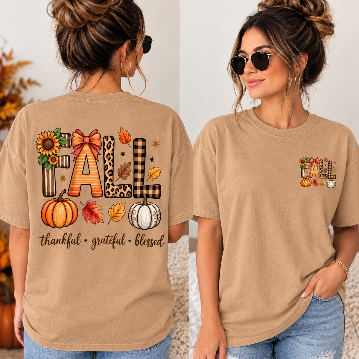 A woman modeling a tan short-sleeve T-shirt in two views: back view shows a large fall-themed graphic spelling 'ALL' with pumpkins, leaves, and the words 'thankful • grateful • blessed'; front view shows a smaller matching chest graphic. She is wearing sunglasses and jeans in a softly lit indoor setting.
