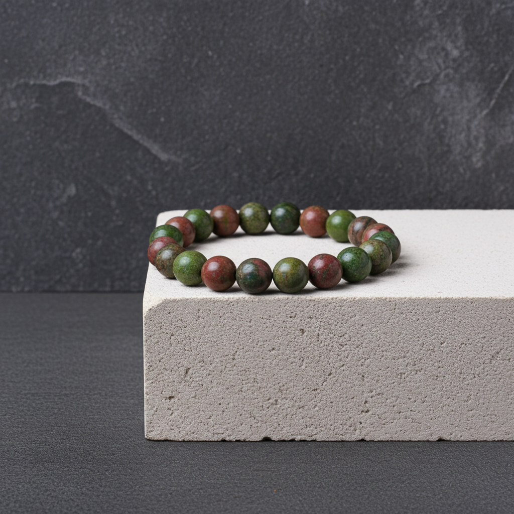 Bracelet with green and brown beads on a gray surface