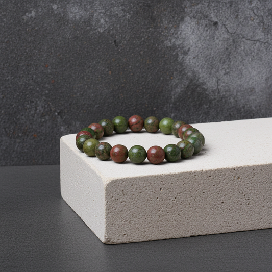 Green and brown beaded bracelet on a white block with a dark background