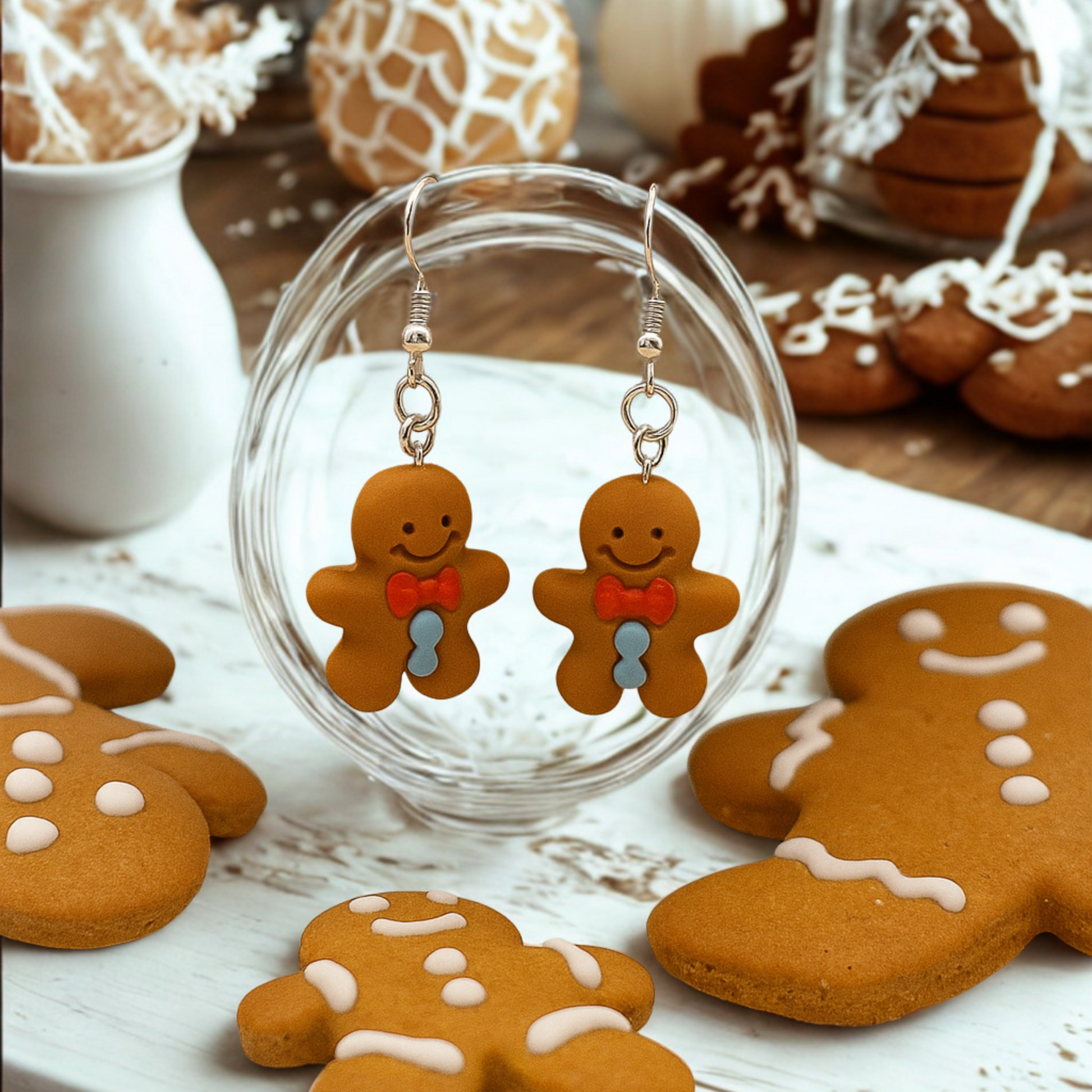 Gingerbread man earrings on a clear stand with gingerbread cookies in the background