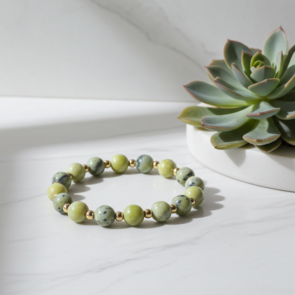 Green beaded bracelet on a white surface with a succulent plant in the background