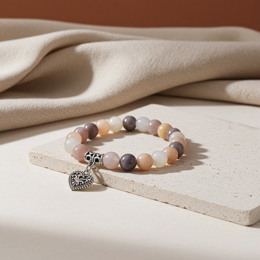 Beaded bracelet with a heart charm on a beige surface