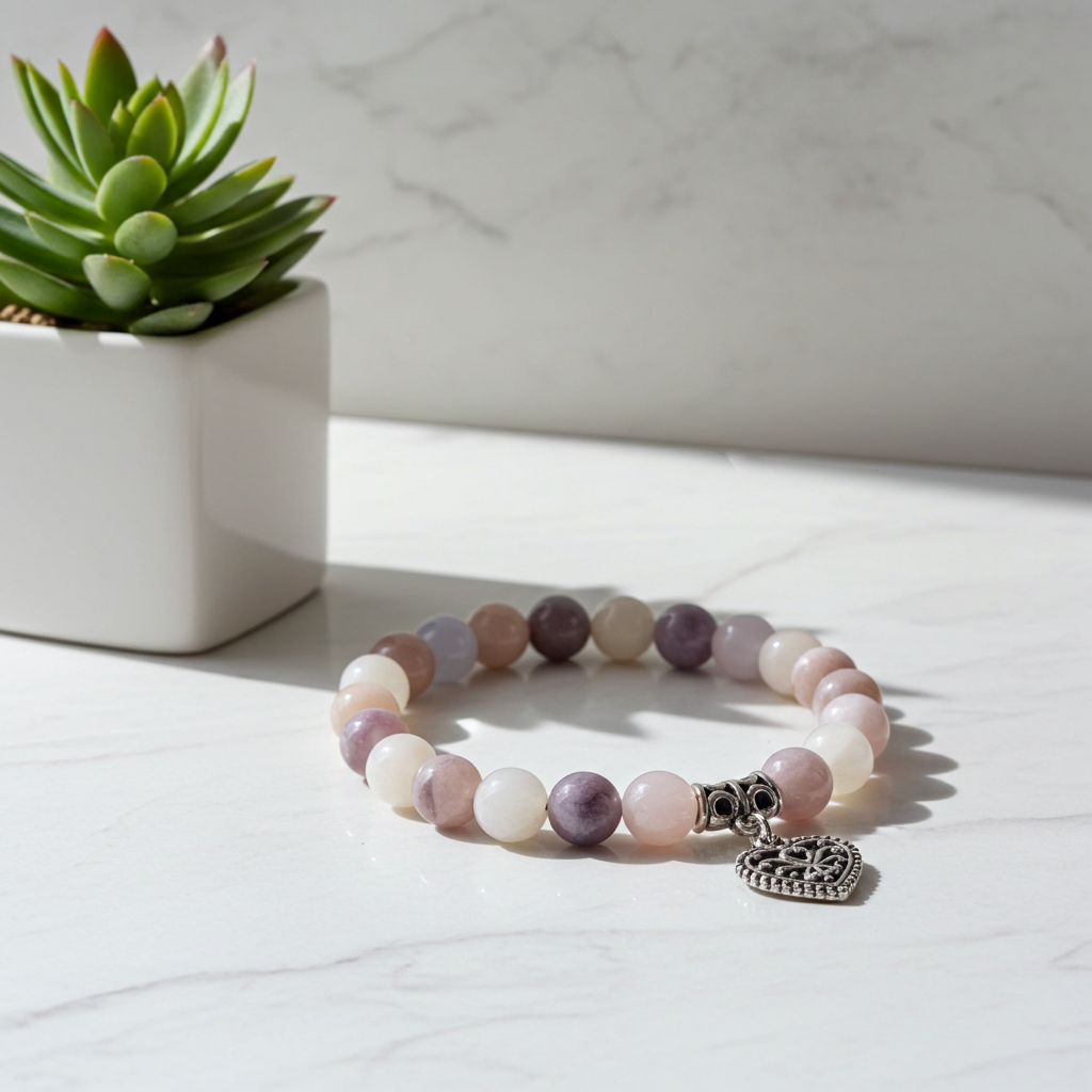 Multicolored beaded bracelet with a heart charm on a white surface next to a small potted plant.