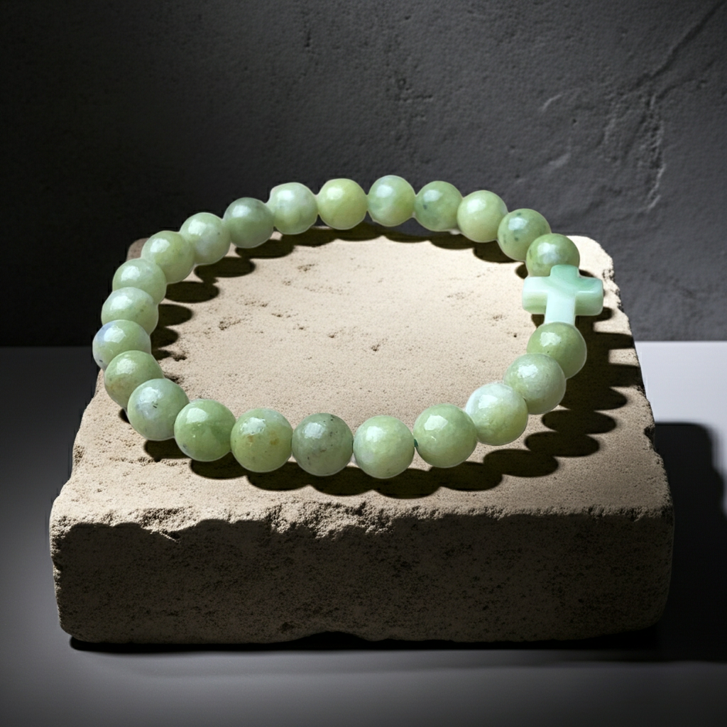 Green beaded bracelet with a cross charm on a stone surface against a dark background
