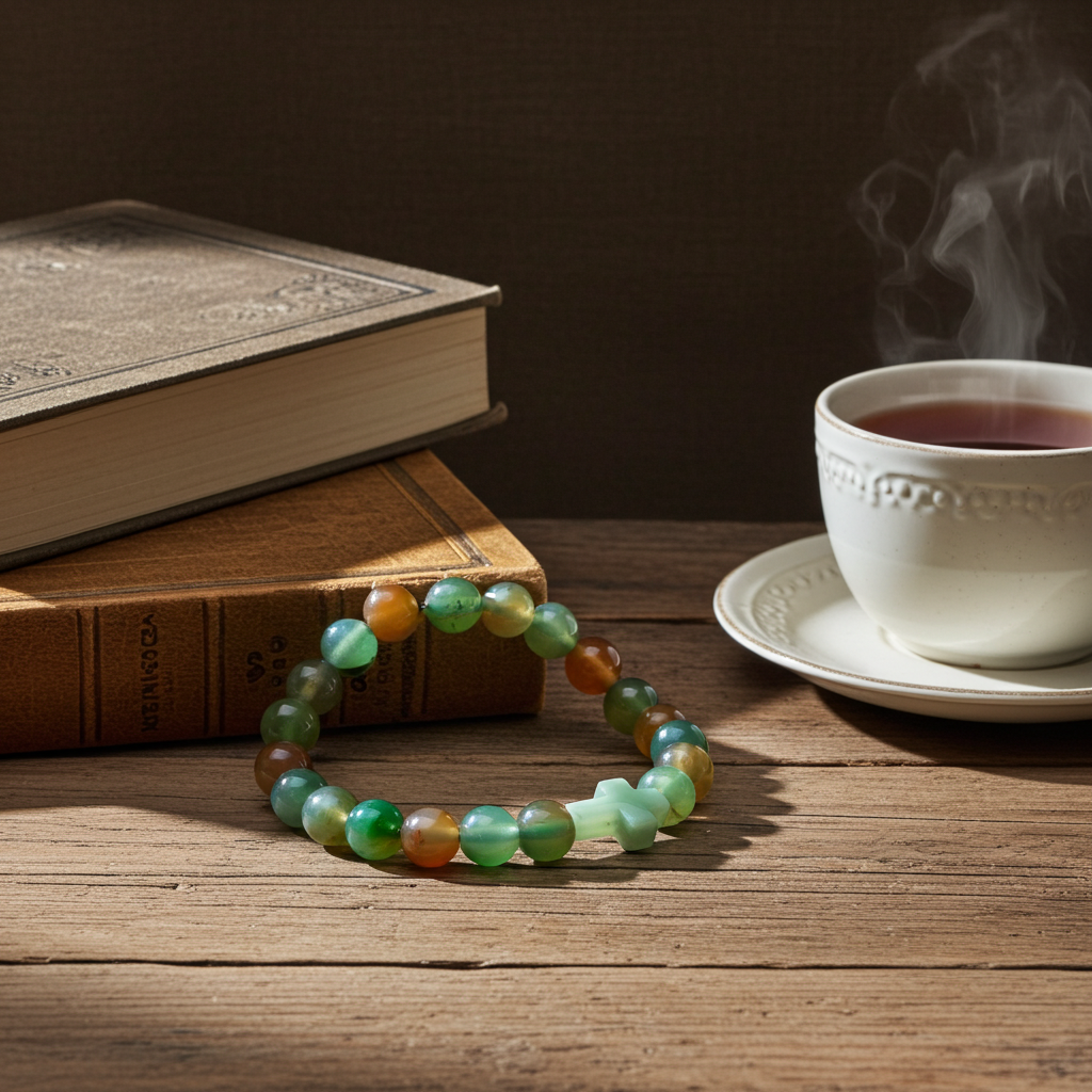 Beaded bracelet on a wooden surface with a steaming cup of tea and an open book in the background.