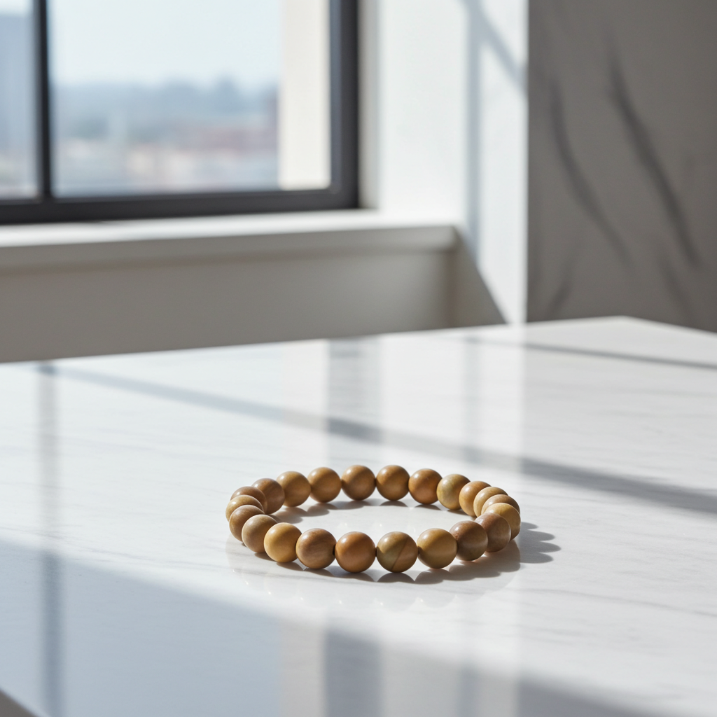Wooden beaded bracelet on a reflective surface with a window in the background
