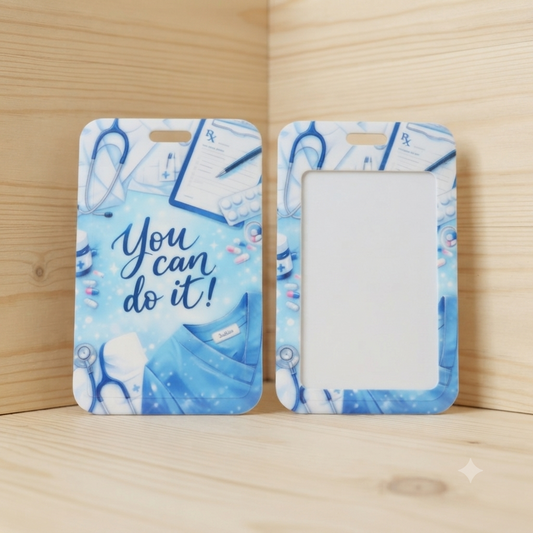 Two blue medical-themed photo frames displayed side-by-side on a light wood surface. The left frame features the text 'You can do it!' with illustrations of a stethoscope, clipboard, and medical scrubs.