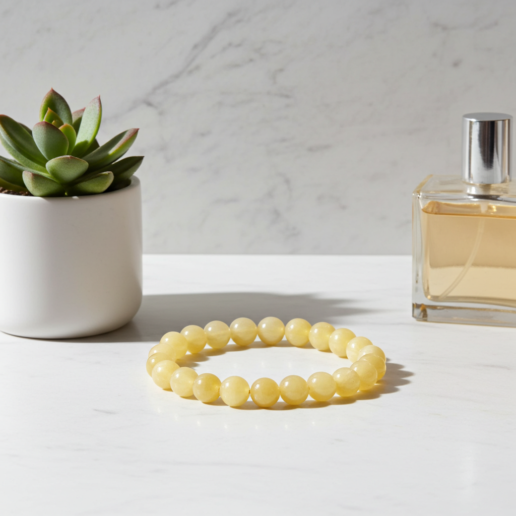 Yellow beaded bracelet on a white surface with a potted succulent and perfume bottle in the background.