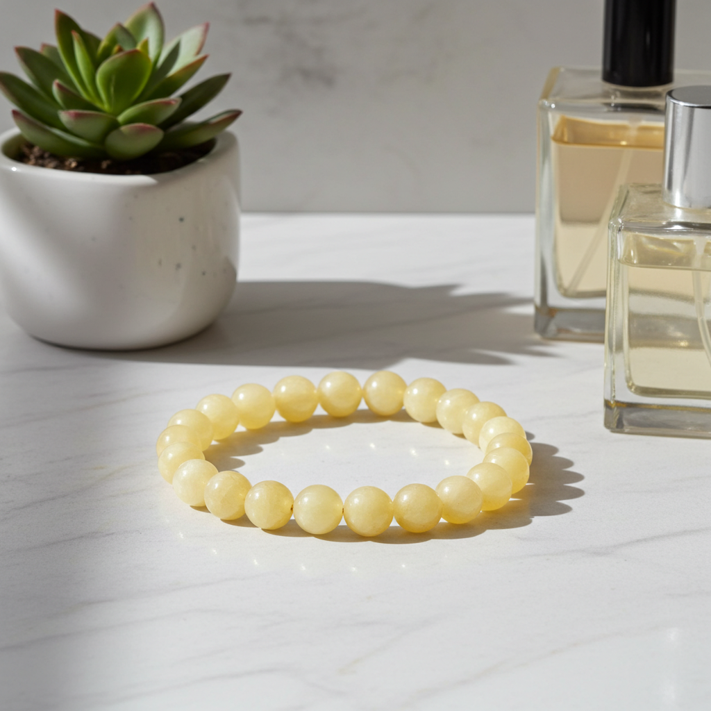 Yellow beaded bracelet on a white surface with a potted succulent and perfume bottles in the background.