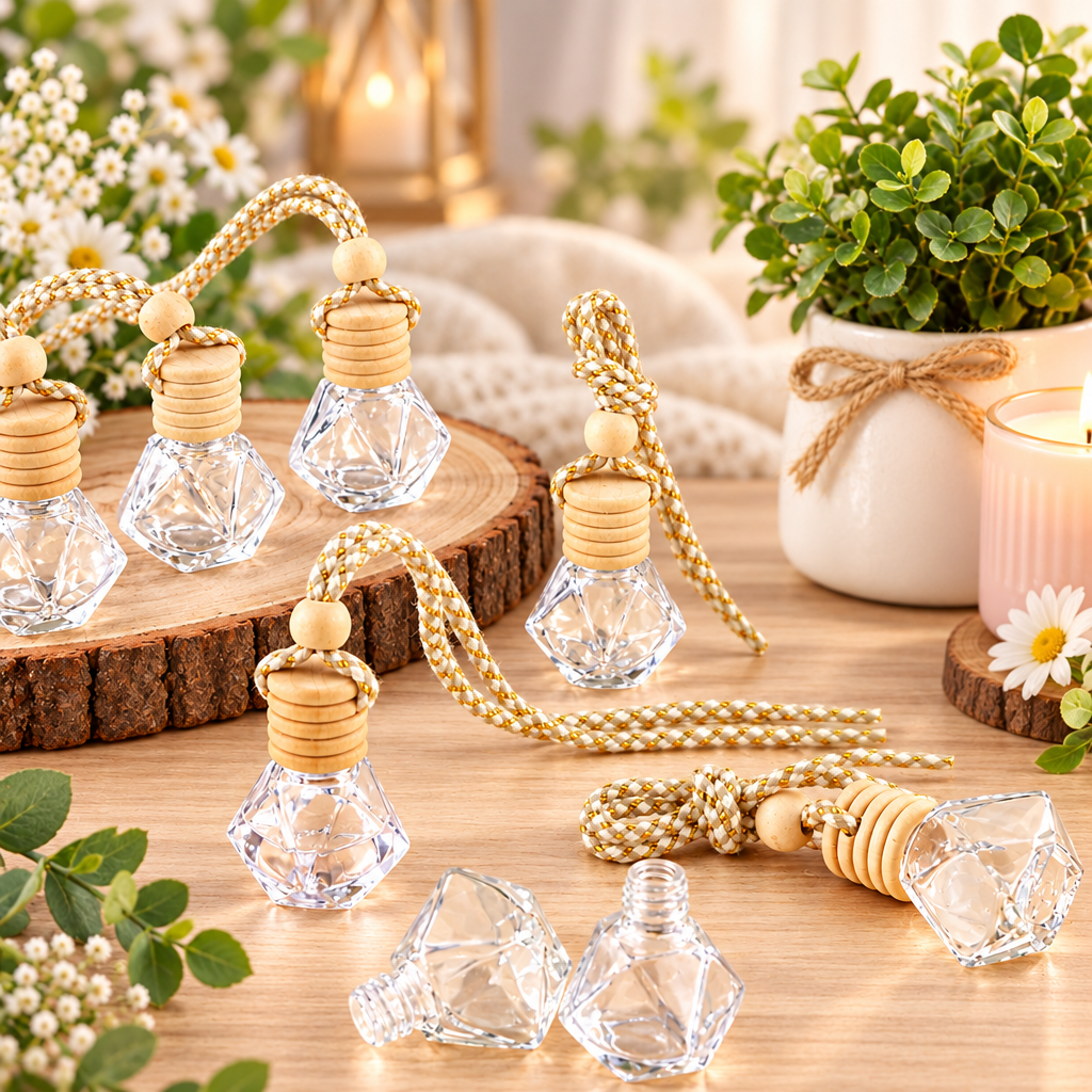 100 empty clear glass car air freshener diffuser vials with wooden stoppers and gold braided hanging cords, displayed on a wooden surface with decorative greenery, a candle, and a ceramic pot.