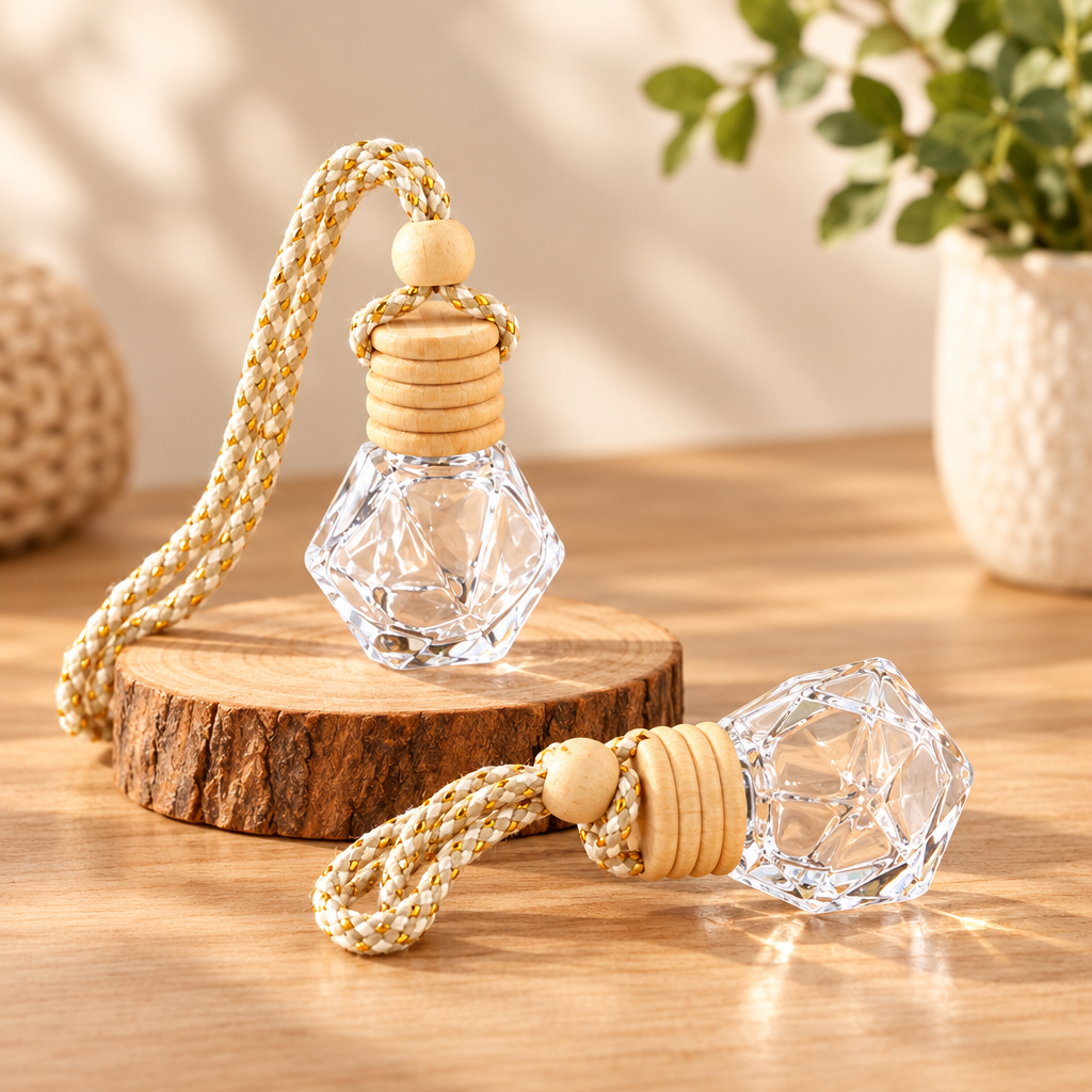 100 empty clear glass car air freshener diffuser vials with wooden stoppers and gold braided hanging cords, displayed on a wooden surface with decorative greenery, a candle, and a ceramic pot.