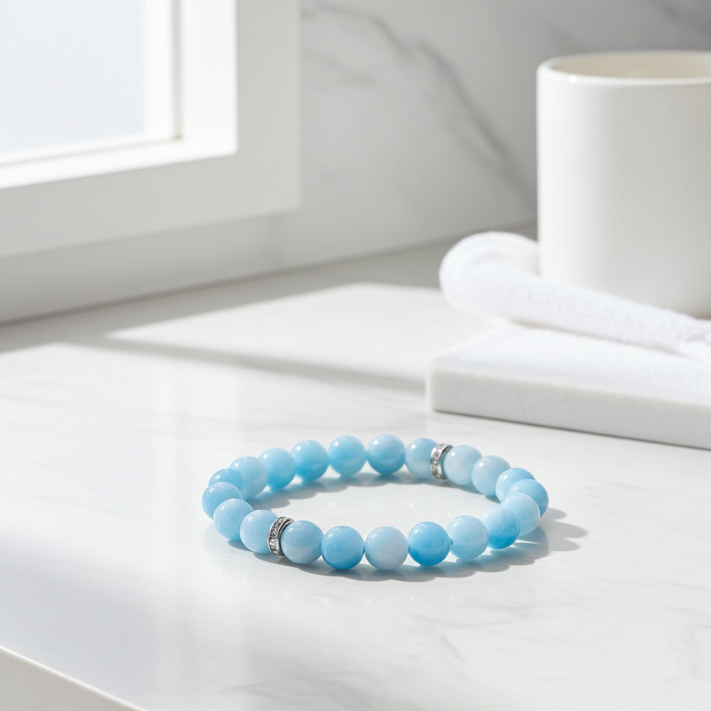 Light blue beaded bracelet on a white surface with a soft background
