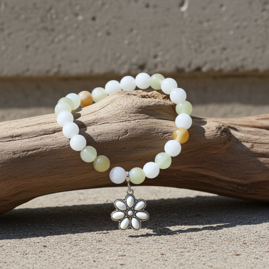 Beaded bracelet with a flower charm on a wooden log