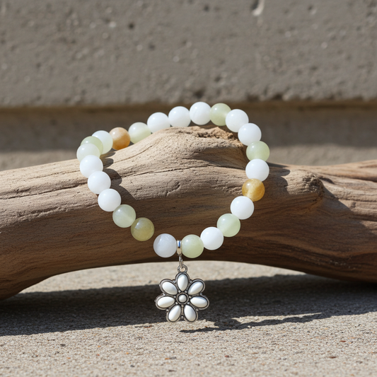 Beaded bracelet with a flower charm on a wooden log
