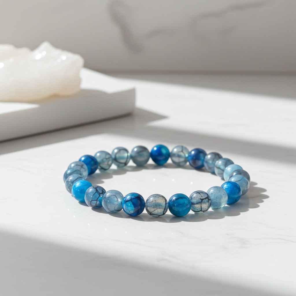 Blue beaded bracelet on a white surface with a soft background