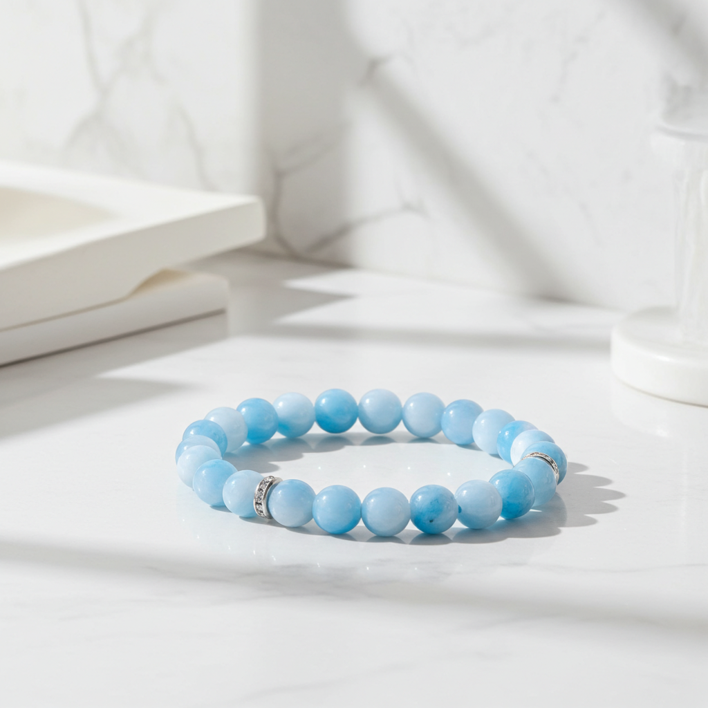 Light blue beaded bracelet on a white surface with a soft focus background