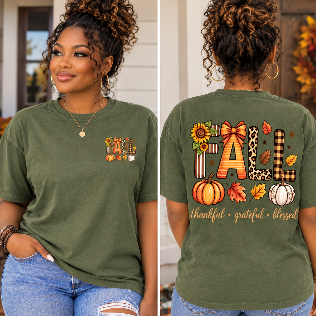An olive green short-sleeve t-shirt shown on a model from both the front and back. The front features a small autumn-themed graphic on the left chest, while the back displays a large graphic spelling 'FALL' with patterned letters, pumpkins, leaves, and the text 'thankful • grateful • blessed'.