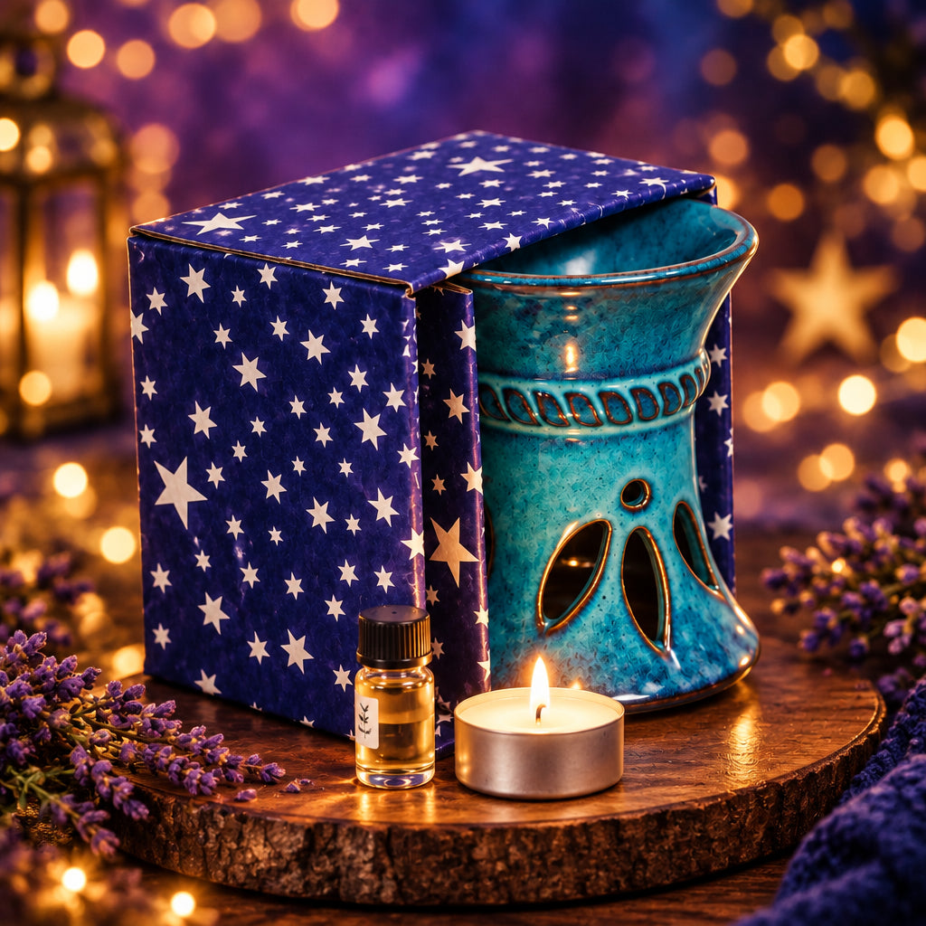 A blue ceramic oil burner candle holder with a purple and white star-patterned box, a small bottle of oil, and a lit white tea light candle on a beige textured background.
