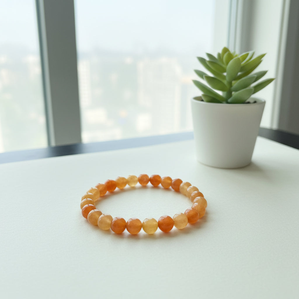 Beaded bracelet with multicolored beads on a dark wooden surface