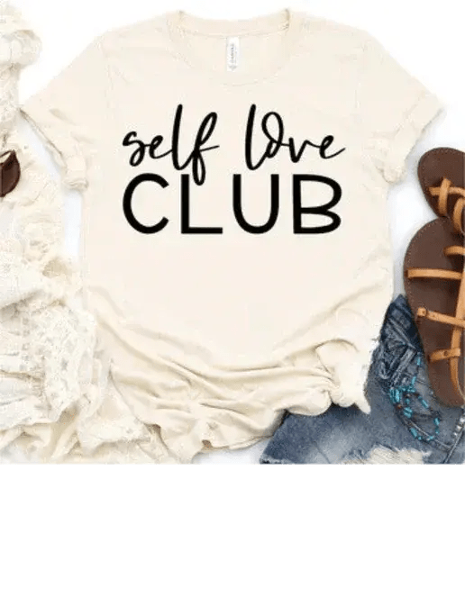 Alt text: Self Love Club t-shirt, handmade positive message tee in cozy fabric
