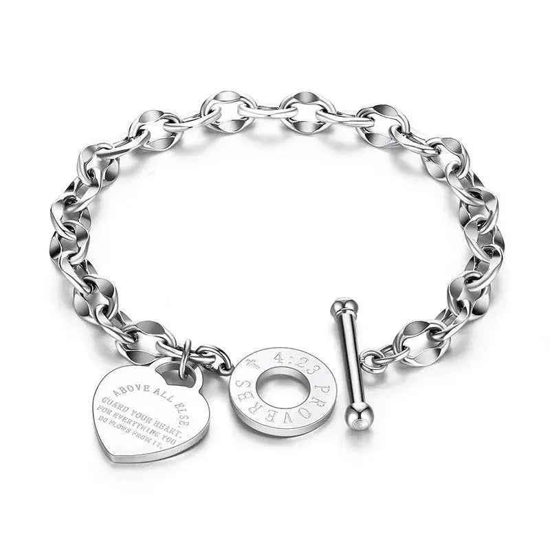 Stainless Steel Bible Proverbs link bracelet, engraved faith jewelry