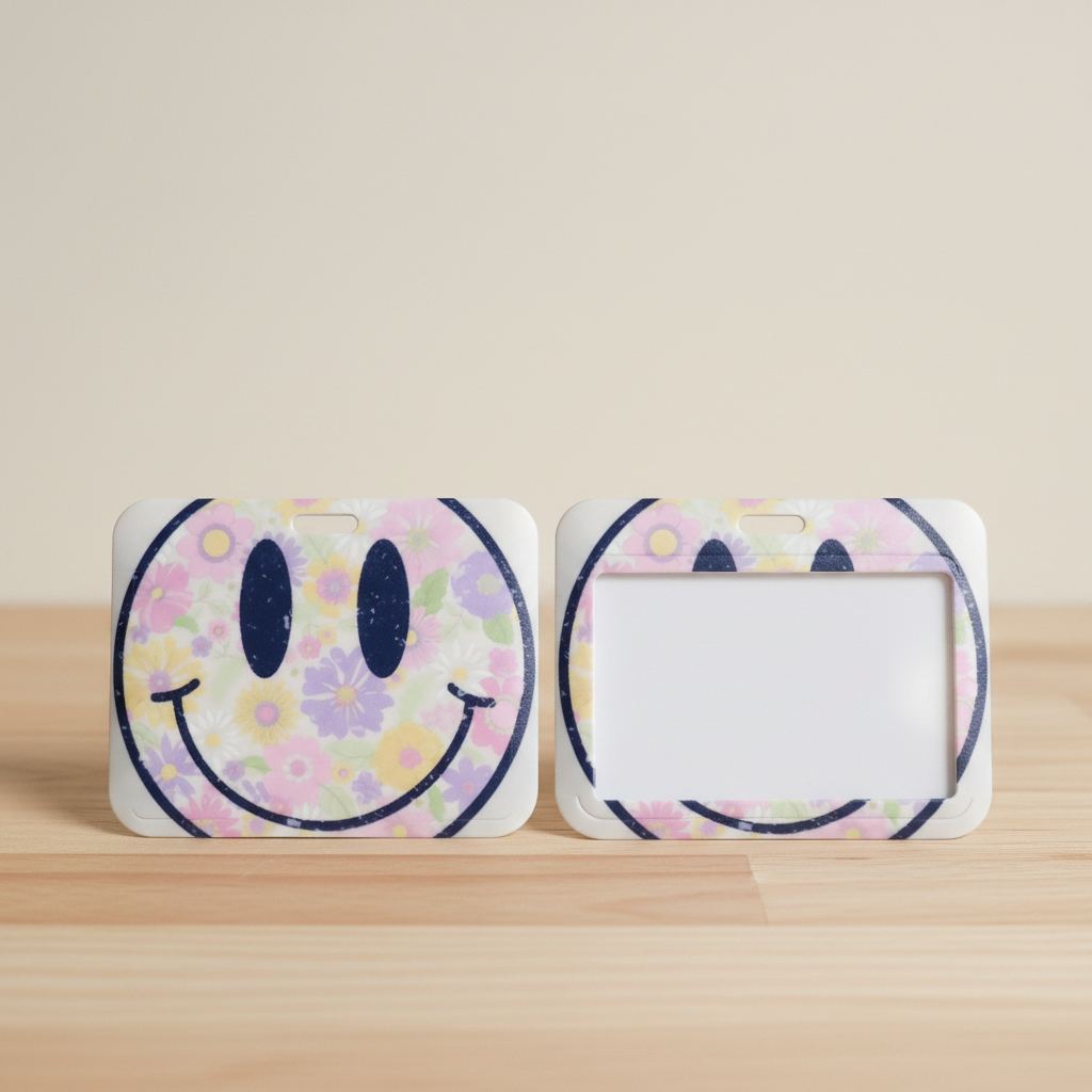 Two small rectangular card holders or ID cases with rounded corners, shown front and back on a light wood surface against a warm beige background. The cases have a white base with a pastel floral smiley face design and dark navy outlines.
