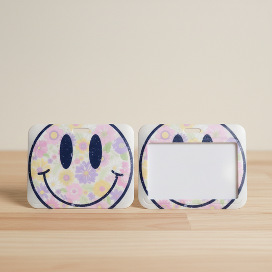 Two small rectangular card holders or ID cases with rounded corners, shown front and back on a light wood surface against a warm beige background. The cases have a white base with a pastel floral smiley face design and dark navy outlines.