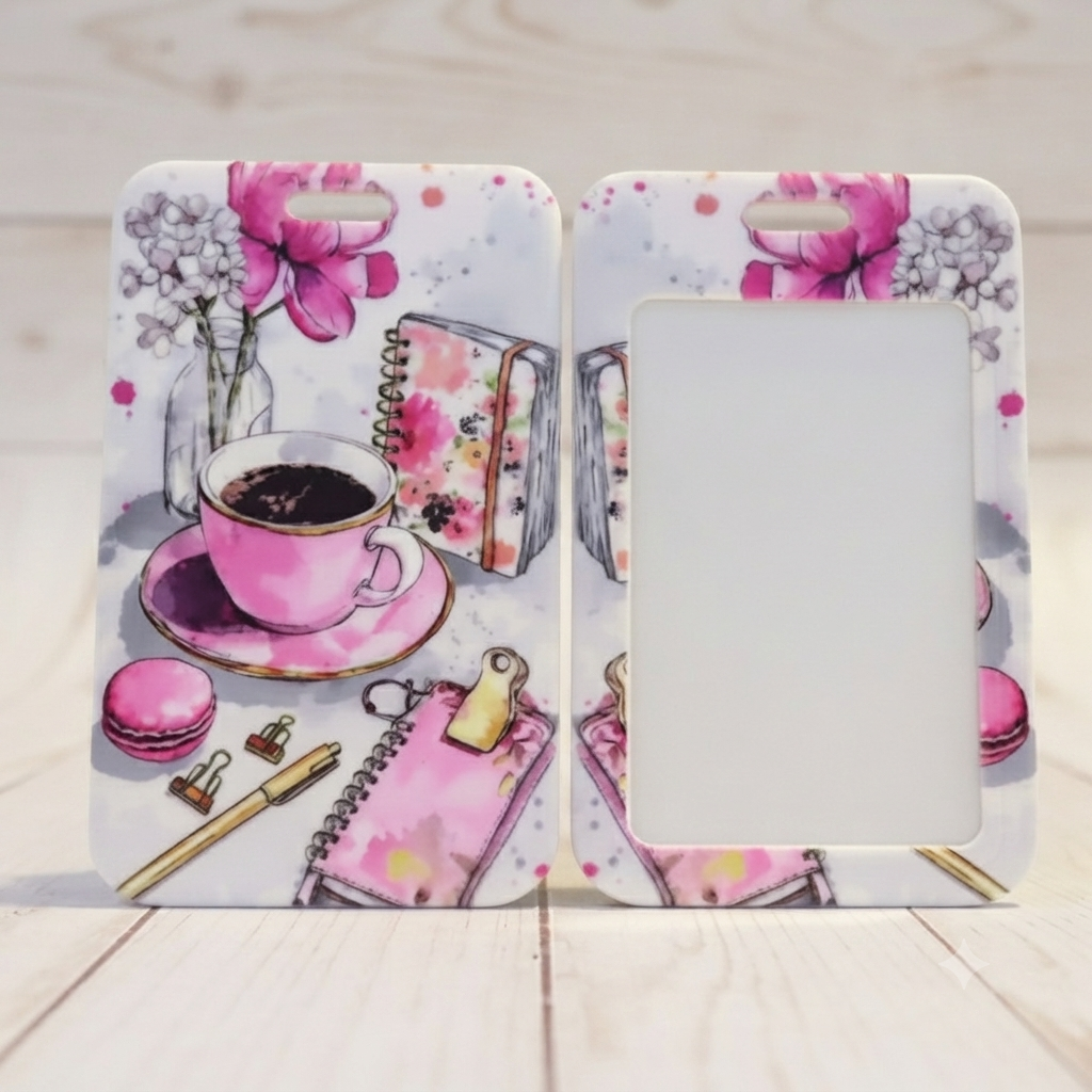 Two rectangular picture frames with rounded corners displayed side-by-side on a light wood surface. The frames feature a watercolor-style print of a pink teacup, pink flowers, notebooks, and macarons on a white background.