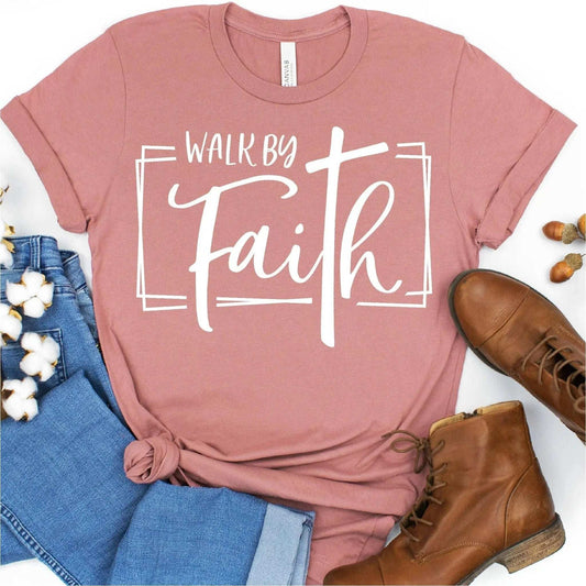Alt text: Walk By Faith Christian t-shirt in soft cotton, handmade faith apparel
